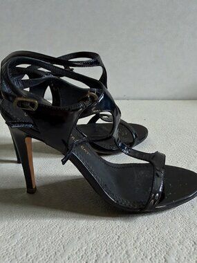 JEAN MICHEL CAZABAT Black Patent Leather Sandals Heels Size 38.5 / 8.5